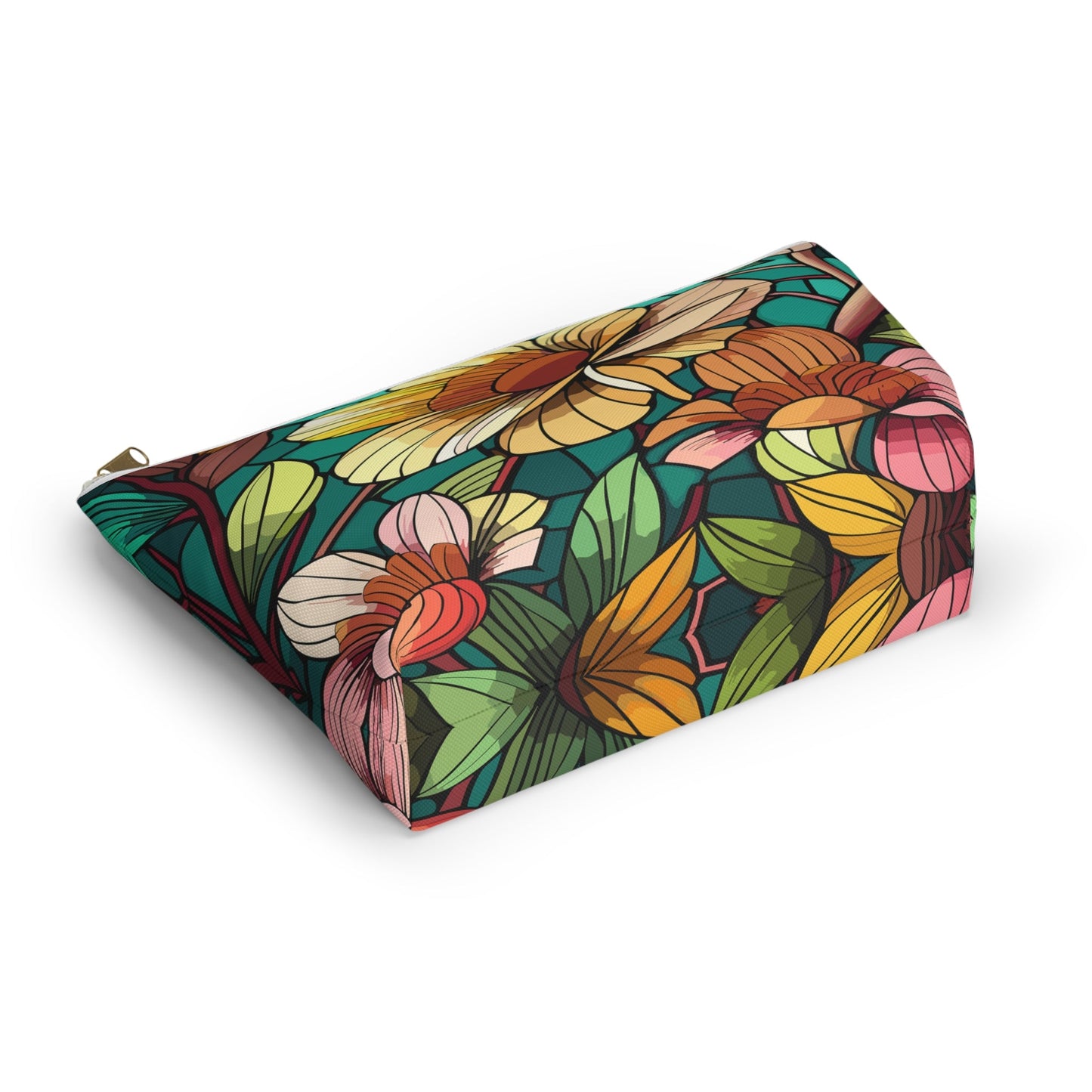 Stained Glass Flowers Accessory Pouch, Floral Makeup Bag, Botanical Pencil Case, Colorful Zippered Bag, Floral Travel Toiletry Bag - Victory Thru Vision 