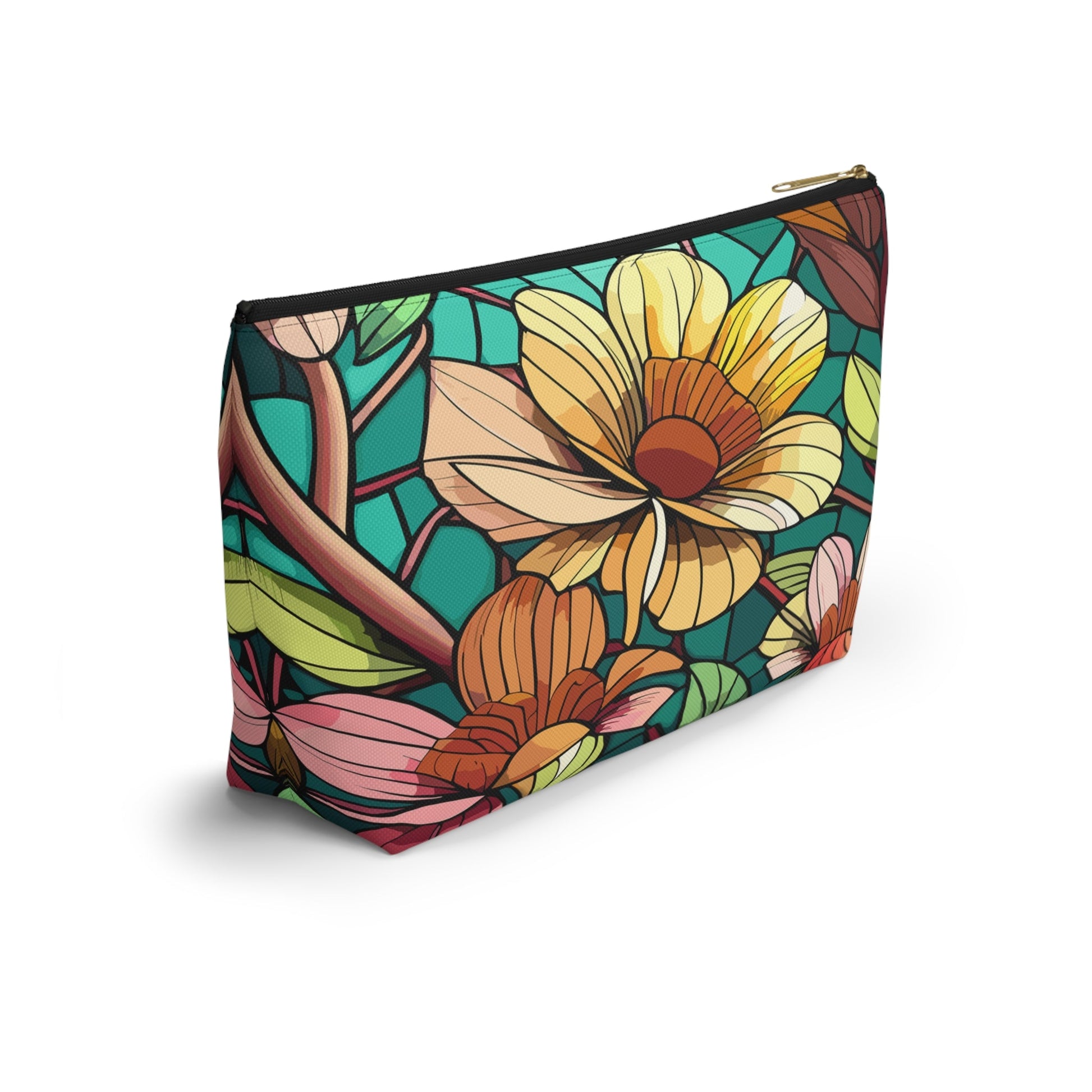 Stained Glass Flowers Accessory Pouch, Floral Makeup Bag, Botanical Pencil Case, Colorful Zippered Bag, Floral Travel Toiletry Bag - Victory Thru Vision 
