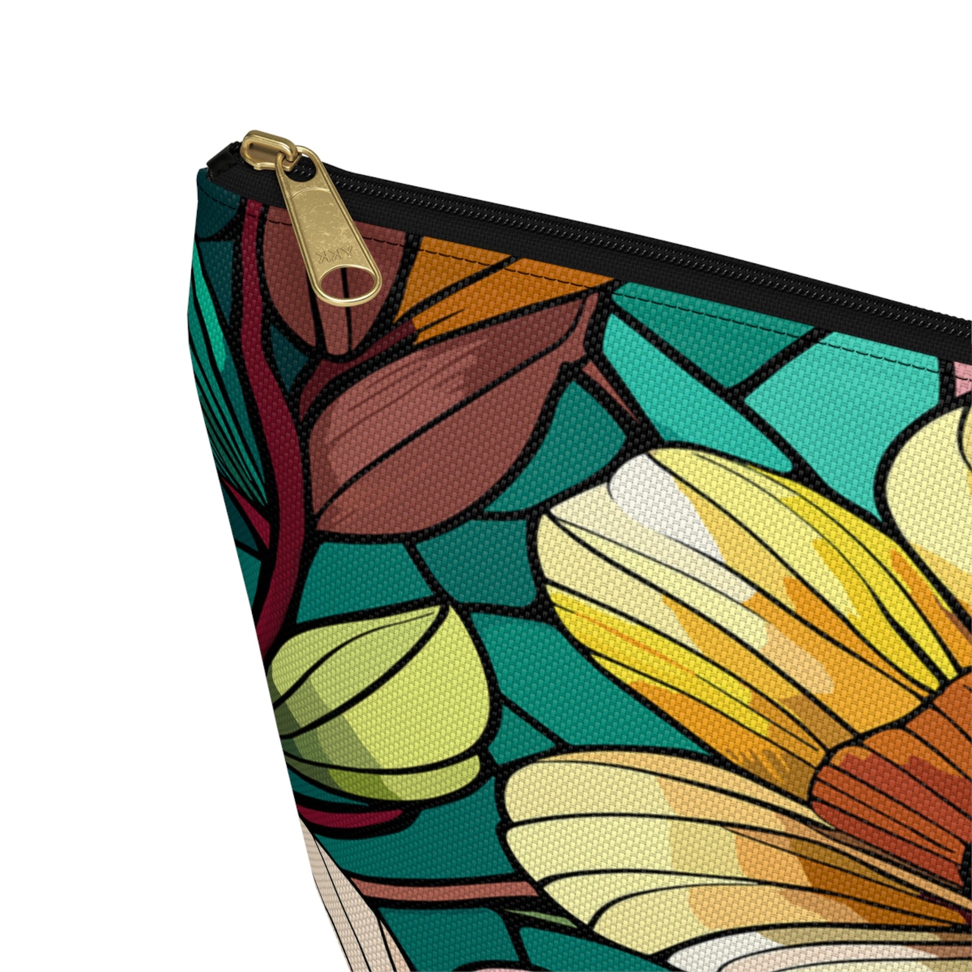 Stained Glass Flowers Accessory Pouch, Floral Makeup Bag, Botanical Pencil Case, Colorful Zippered Bag, Floral Travel Toiletry Bag - Victory Thru Vision 