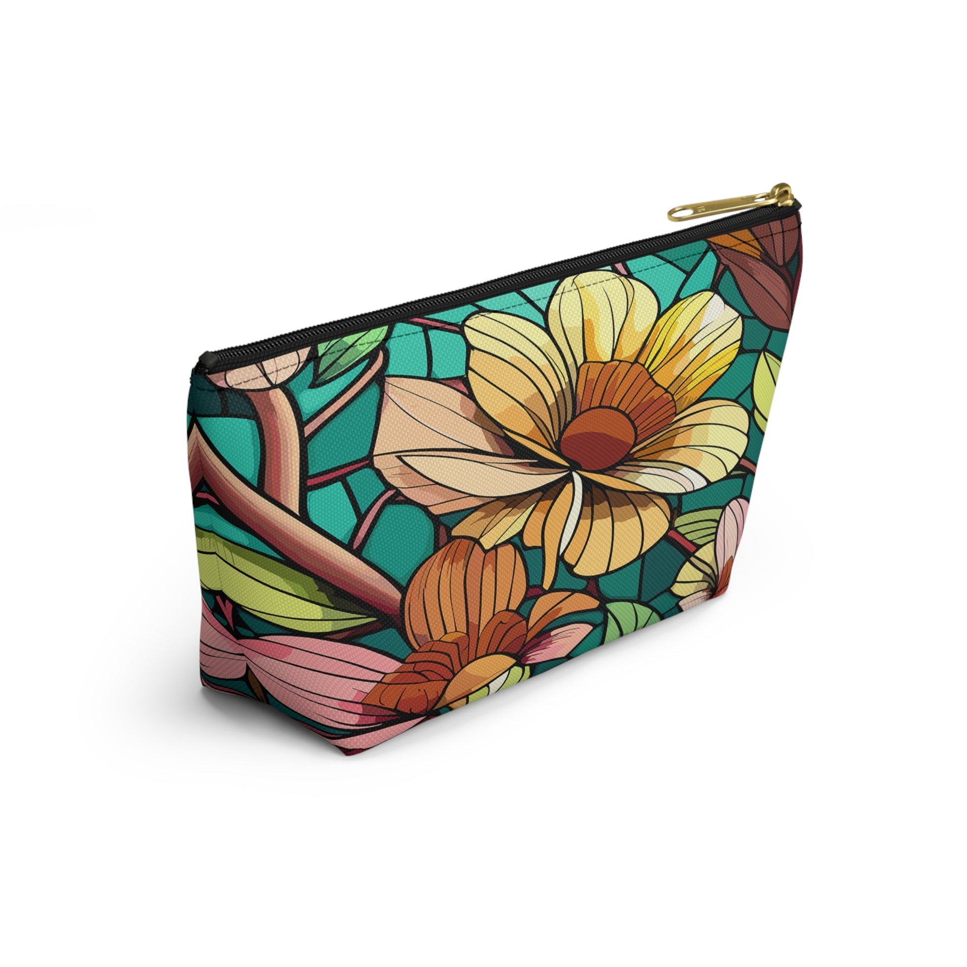Stained Glass Flowers Accessory Pouch, Floral Makeup Bag, Botanical Pencil Case, Colorful Zippered Bag, Floral Travel Toiletry Bag - Victory Thru Vision 