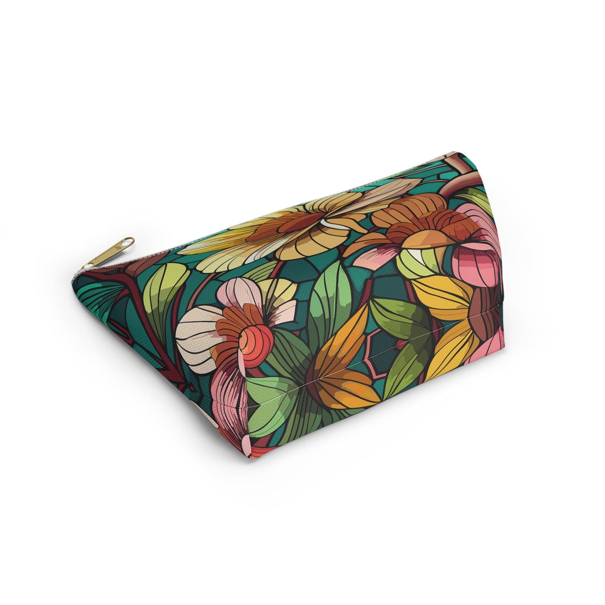 Stained Glass Flowers Accessory Pouch, Floral Makeup Bag, Botanical Pencil Case, Colorful Zippered Bag, Floral Travel Toiletry Bag - Victory Thru Vision 