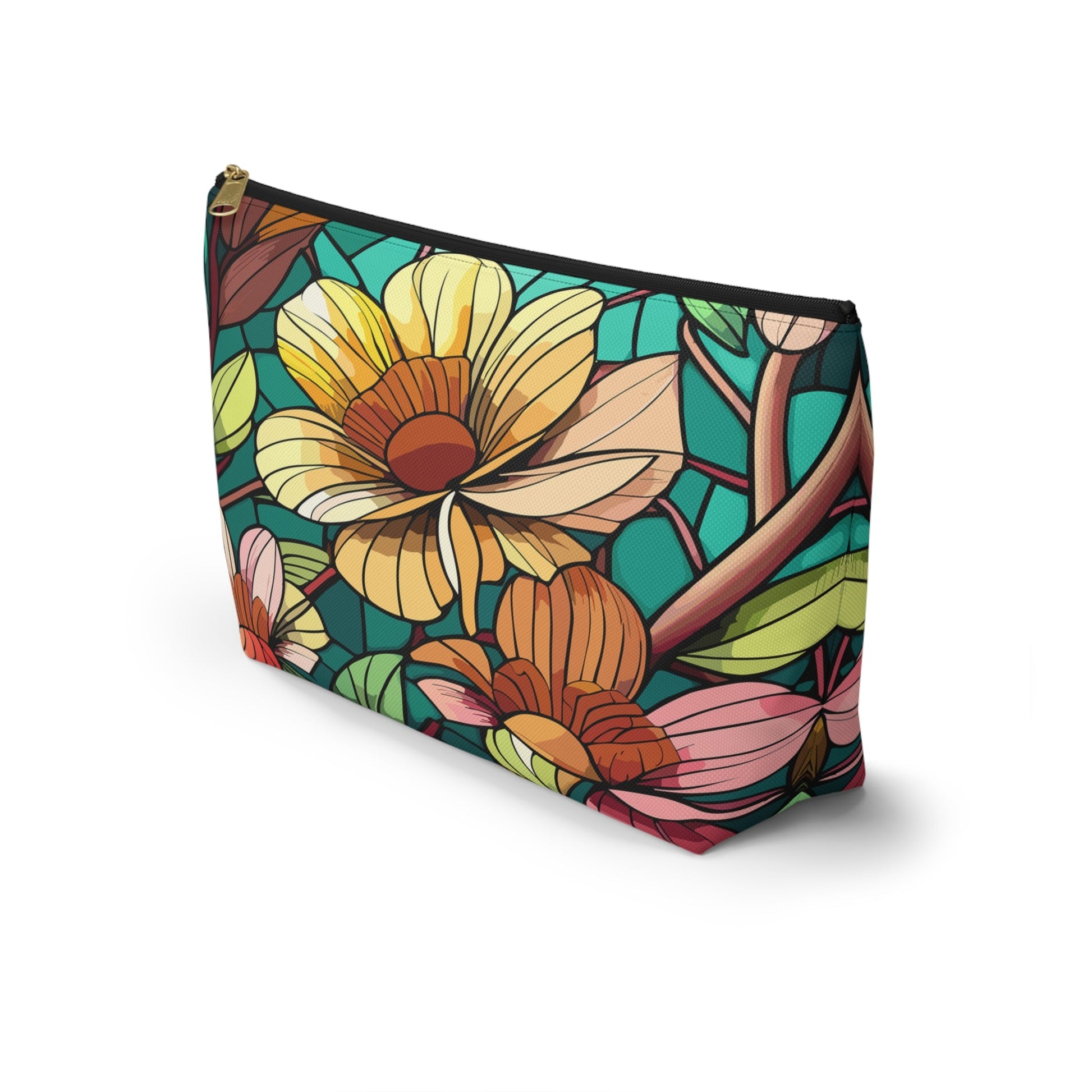 Stained Glass Flowers Accessory Pouch, Floral Makeup Bag, Botanical Pencil Case, Colorful Zippered Bag, Floral Travel Toiletry Bag - Victory Thru Vision 