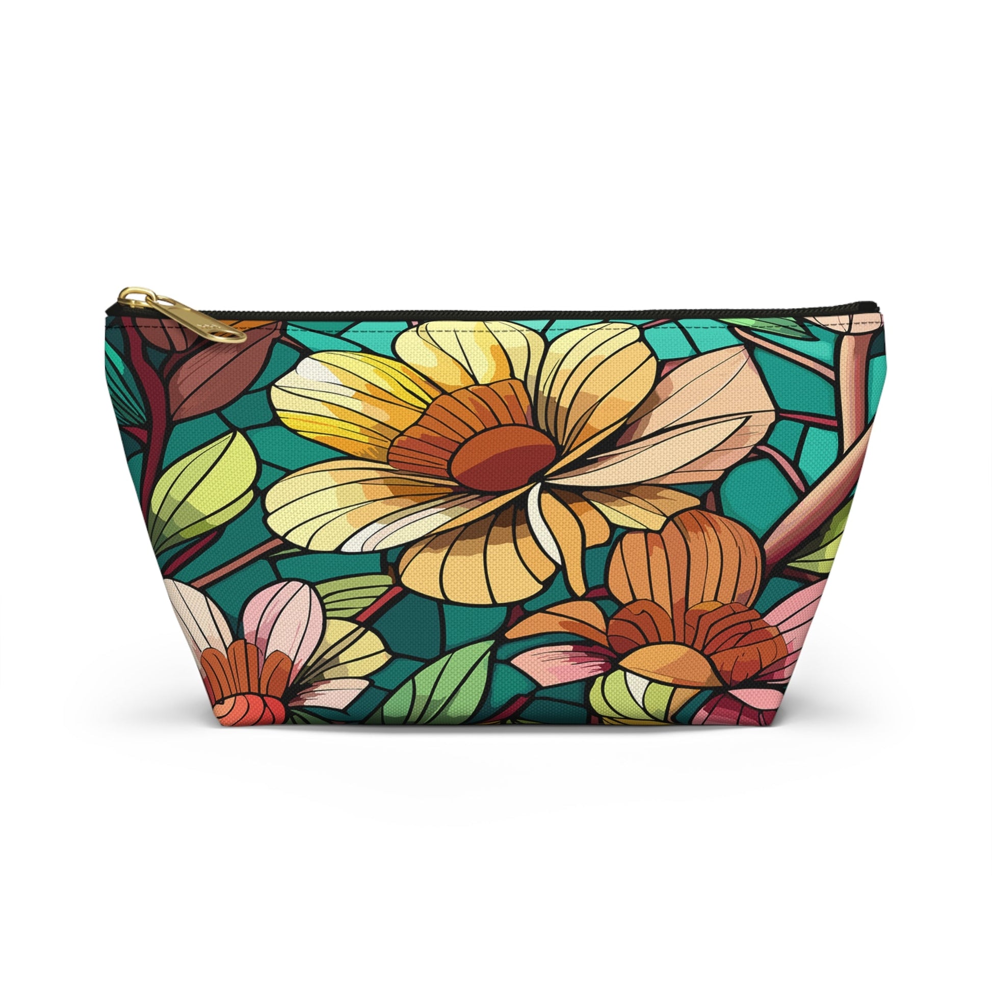 Stained Glass Flowers Accessory Pouch, Floral Makeup Bag, Botanical Pencil Case, Colorful Zippered Bag, Floral Travel Toiletry Bag - Victory Thru Vision 