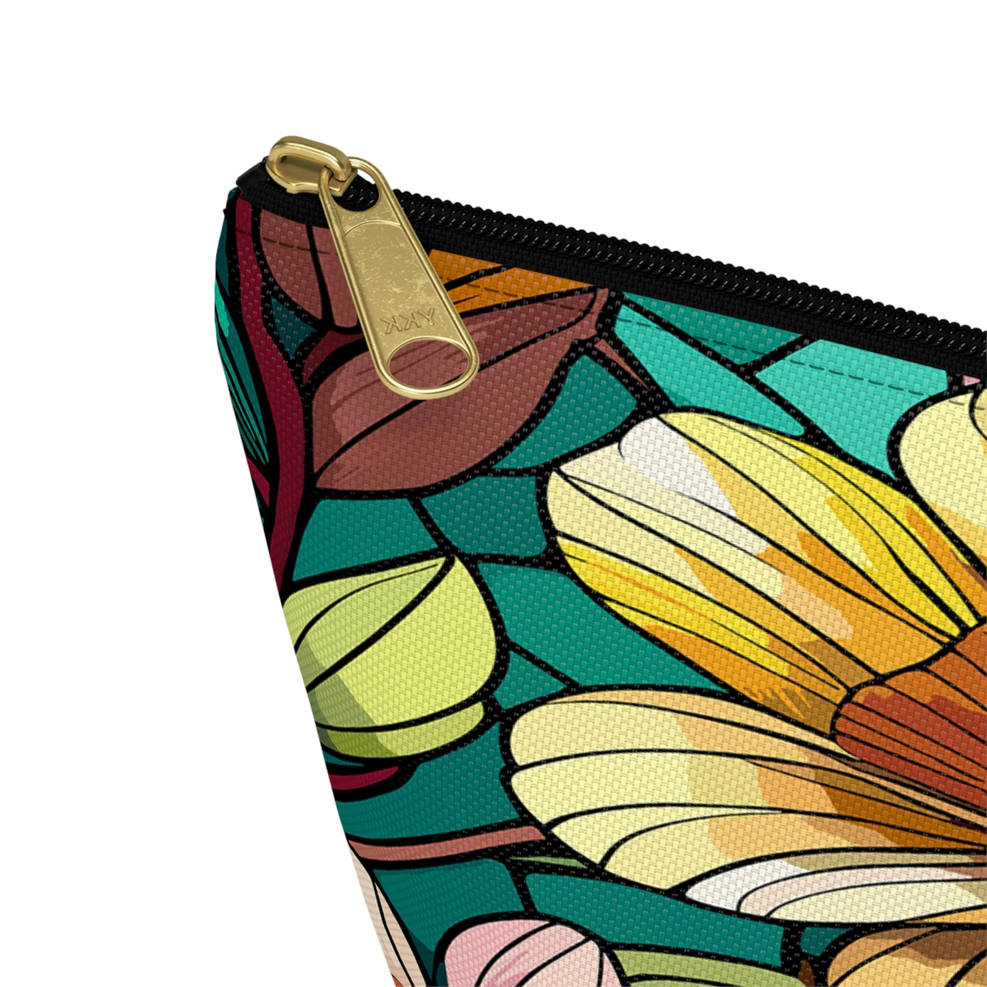 Stained Glass Flowers Accessory Pouch, Floral Makeup Bag, Botanical Pencil Case, Colorful Zippered Bag, Floral Travel Toiletry Bag - Victory Thru Vision 