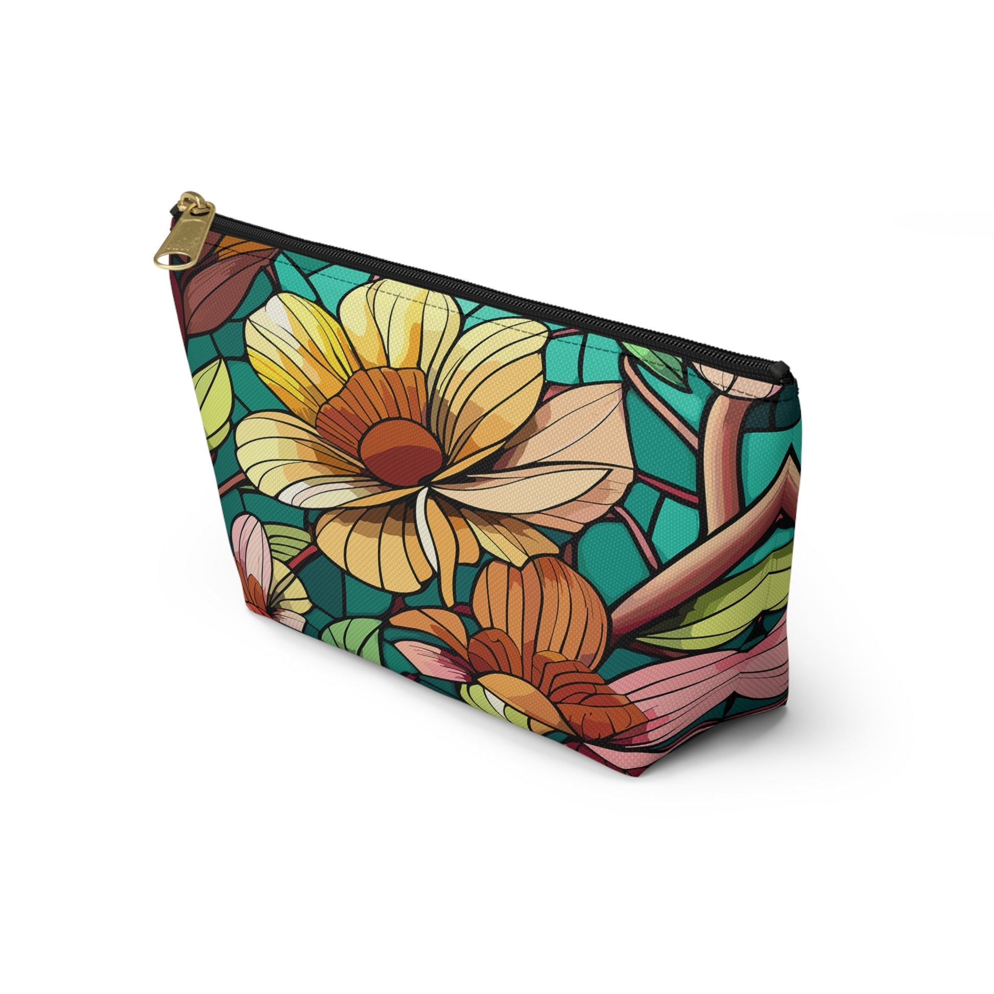 Stained Glass Flowers Accessory Pouch, Floral Makeup Bag, Botanical Pencil Case, Colorful Zippered Bag, Floral Travel Toiletry Bag - Victory Thru Vision 