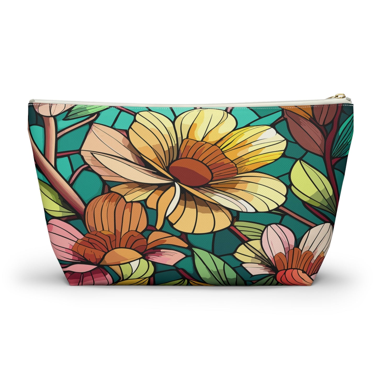 Stained Glass Flowers Accessory Pouch, Floral Makeup Bag, Botanical Pencil Case, Colorful Zippered Bag, Floral Travel Toiletry Bag - Victory Thru Vision 