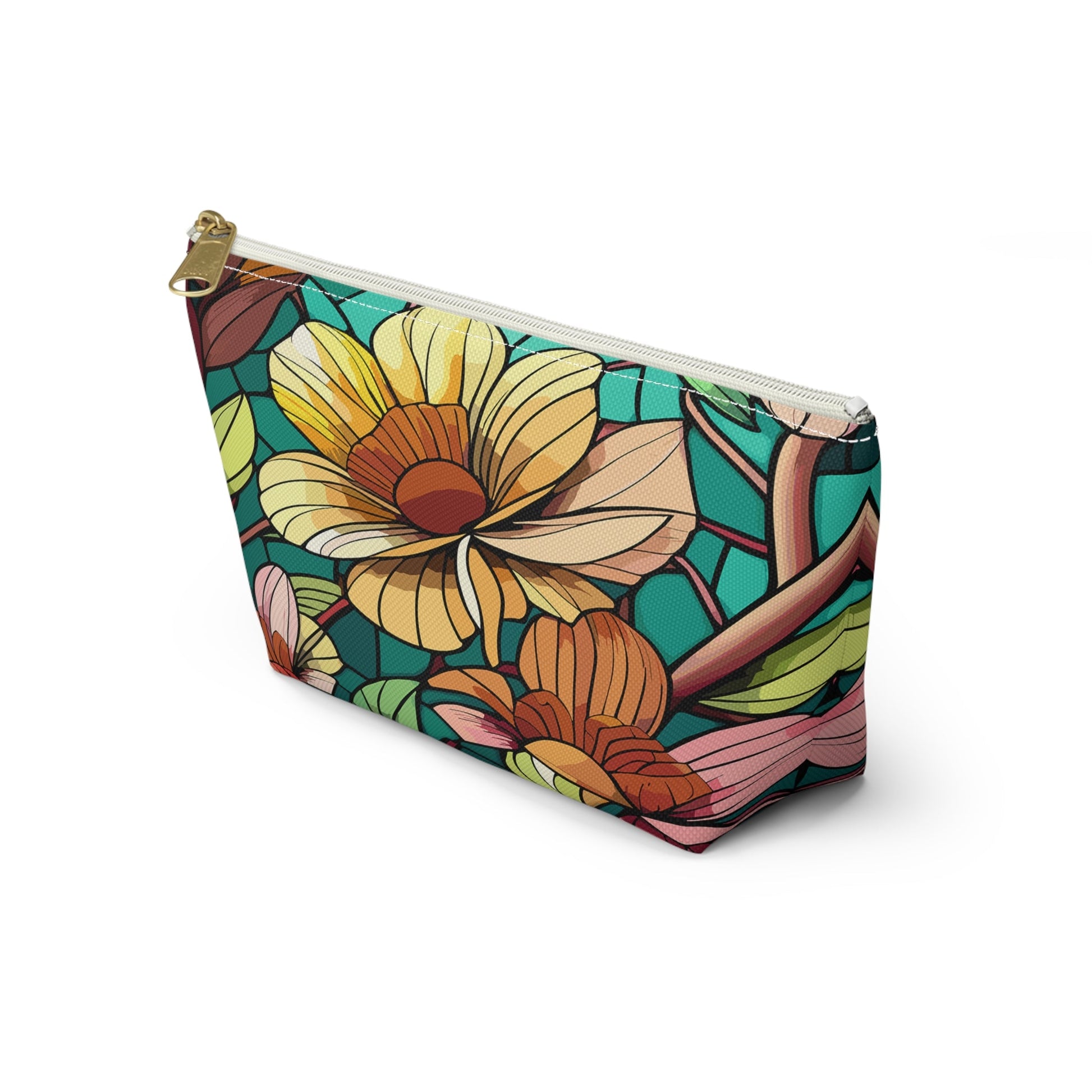 Stained Glass Flowers Accessory Pouch, Floral Makeup Bag, Botanical Pencil Case, Colorful Zippered Bag, Floral Travel Toiletry Bag - Victory Thru Vision 