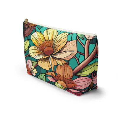 Stained Glass Flowers Accessory Pouch, Floral Makeup Bag, Botanical Pencil Case, Colorful Zippered Bag, Floral Travel Toiletry Bag - Victory Thru Vision 