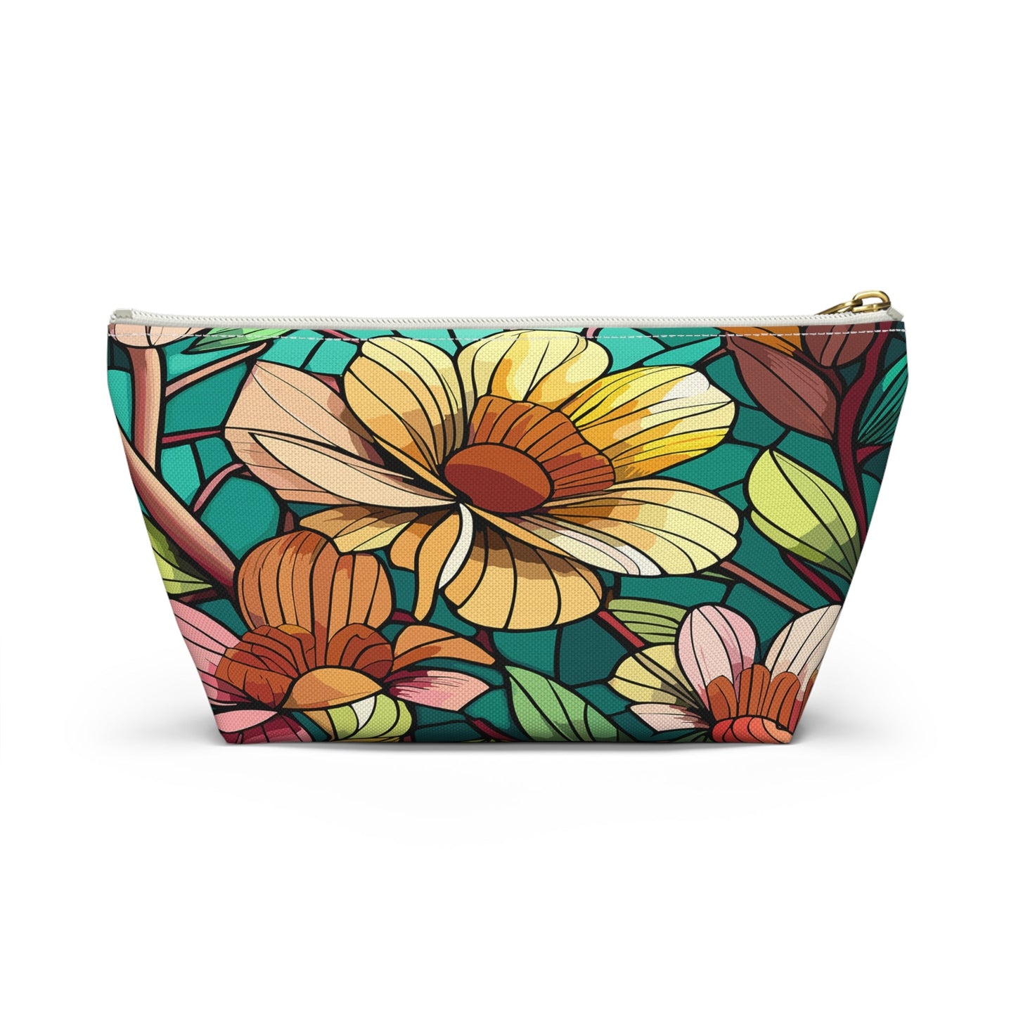 Stained Glass Flowers Accessory Pouch, Floral Makeup Bag, Botanical Pencil Case, Colorful Zippered Bag, Floral Travel Toiletry Bag - Victory Thru Vision 