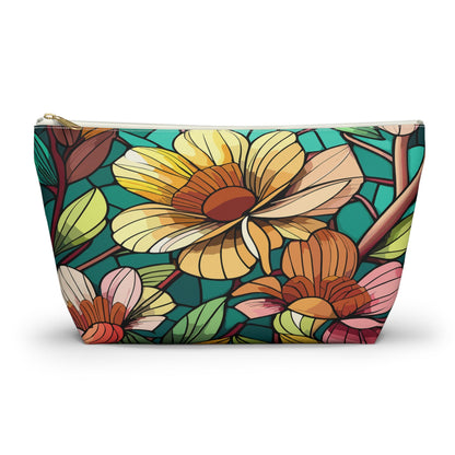 Stained Glass Flowers Accessory Pouch, Floral Makeup Bag, Botanical Pencil Case, Colorful Zippered Bag, Floral Travel Toiletry Bag - Victory Thru Vision 