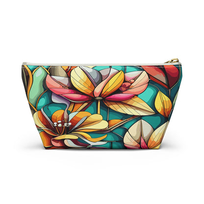 Stained Glass Flowers Accessory Pouch, Floral Makeup Bag, Cosmetic Case, Zipper Pouch, Travel Organizer - Victory Thru Vision 