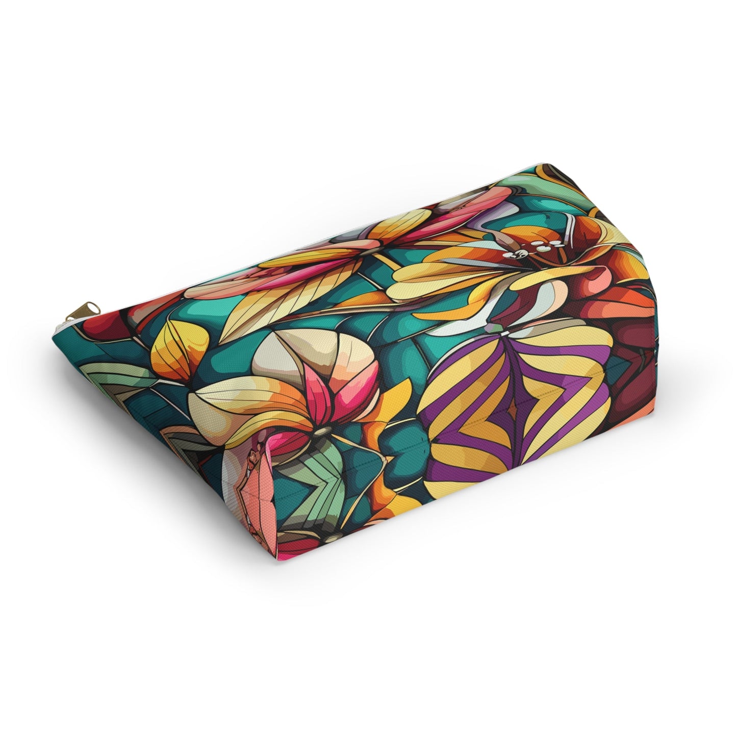 Stained Glass Flowers Accessory Pouch, Floral Makeup Bag, Cosmetic Case, Zipper Pouch, Travel Organizer - Victory Thru Vision 