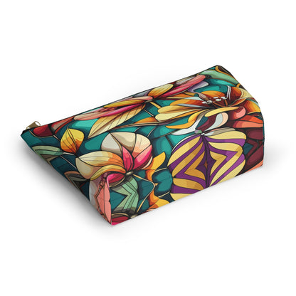 Stained Glass Flowers Accessory Pouch, Floral Makeup Bag, Cosmetic Case, Zipper Pouch, Travel Organizer - Victory Thru Vision 