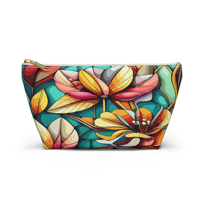 Stained Glass Flowers Accessory Pouch, Floral Makeup Bag, Cosmetic Case, Zipper Pouch, Travel Organizer - Victory Thru Vision 
