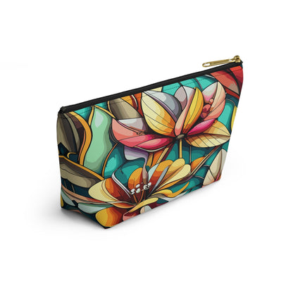 Stained Glass Flowers Accessory Pouch, Floral Makeup Bag, Cosmetic Case, Zipper Pouch, Travel Organizer - Victory Thru Vision 