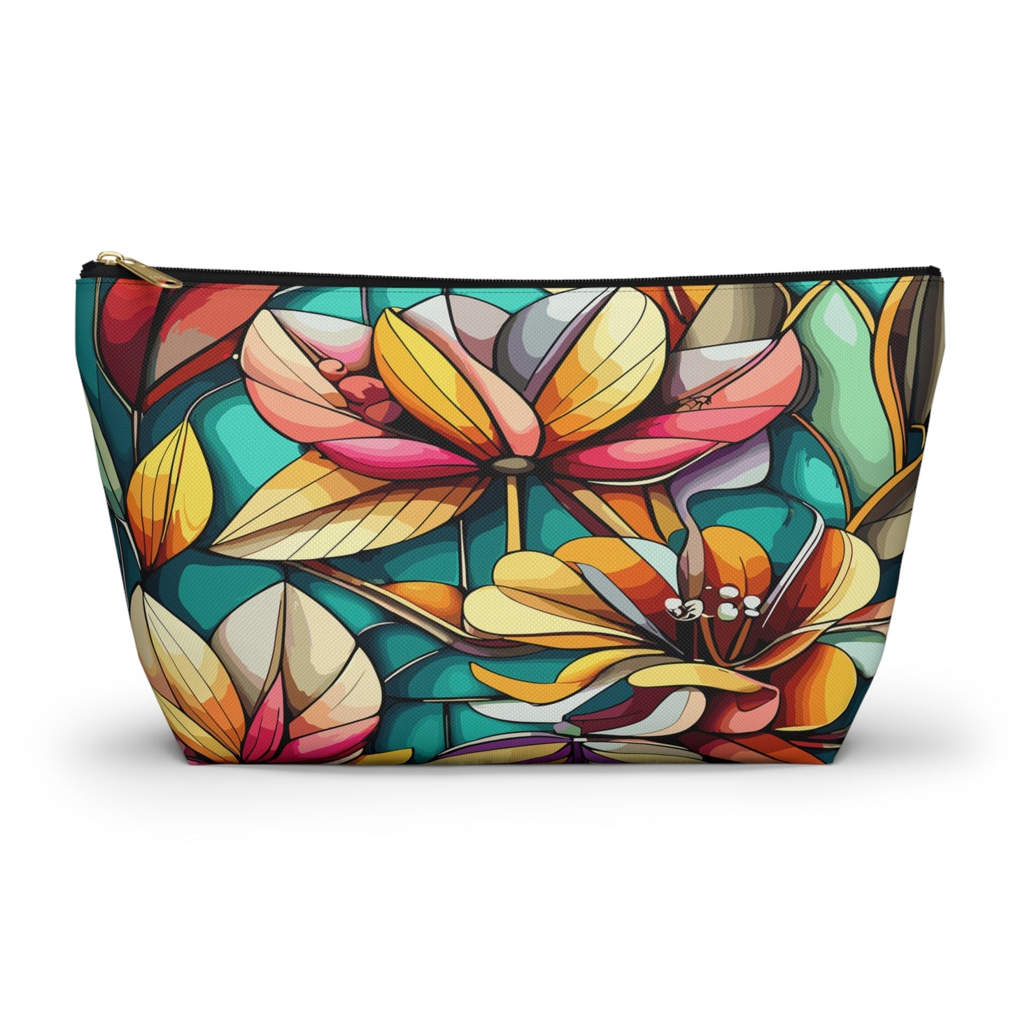 Stained Glass Flowers Accessory Pouch, Floral Makeup Bag, Cosmetic Case, Zipper Pouch, Travel Organizer - Victory Thru Vision 