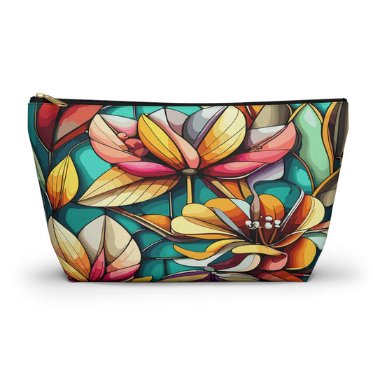 Stained Glass Flowers Accessory Pouch, Floral Makeup Bag, Cosmetic Case, Zipper Pouch, Travel Organizer - Victory Thru Vision 