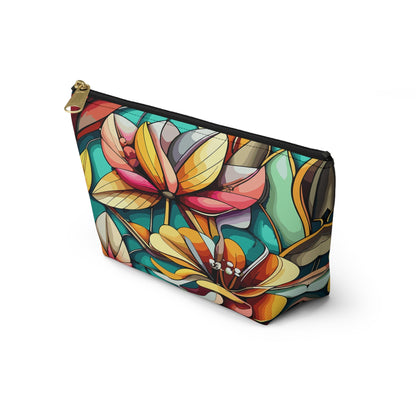 Stained Glass Flowers Accessory Pouch, Floral Makeup Bag, Cosmetic Case, Zipper Pouch, Travel Organizer - Victory Thru Vision 