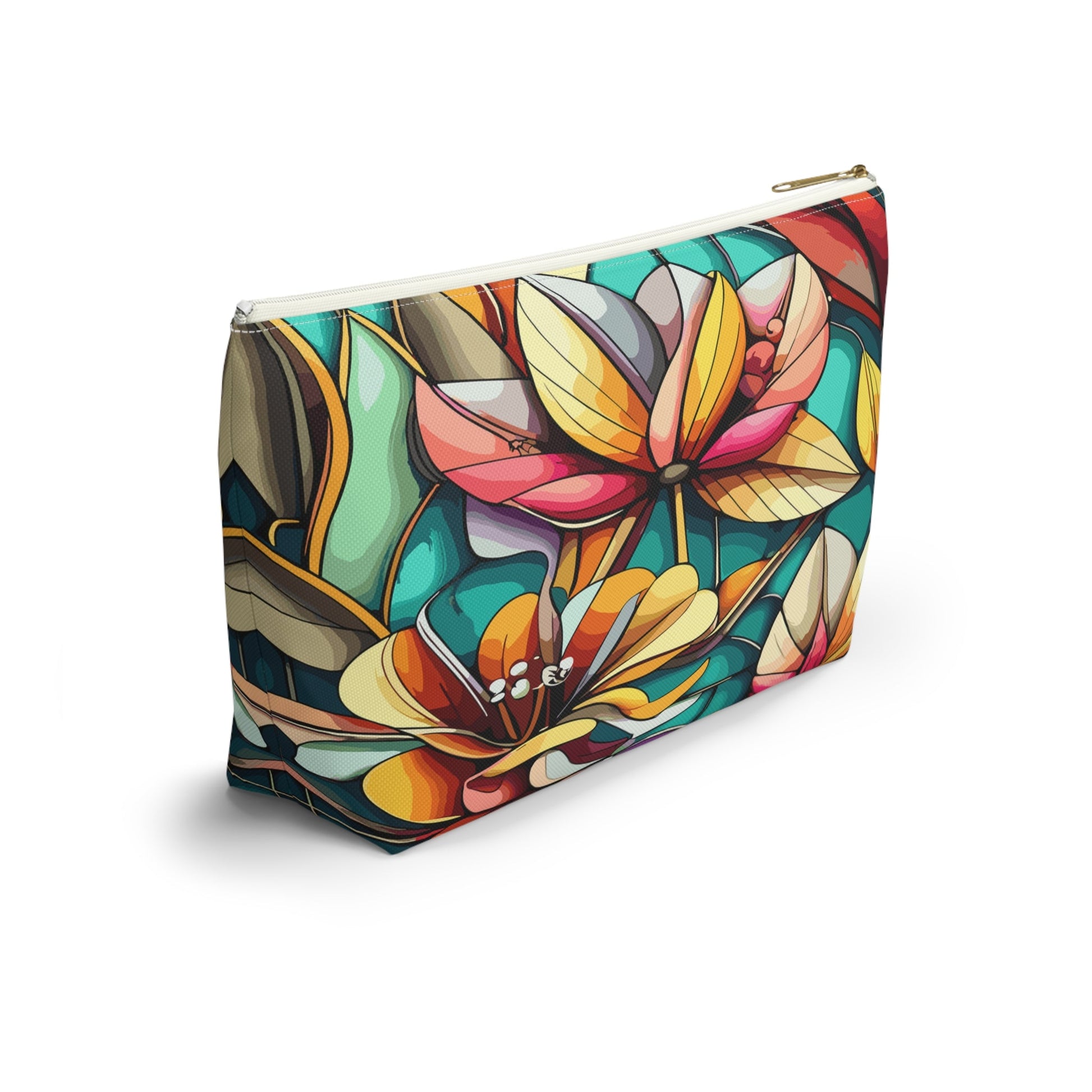 Stained Glass Flowers Accessory Pouch, Floral Makeup Bag, Cosmetic Case, Zipper Pouch, Travel Organizer - Victory Thru Vision 