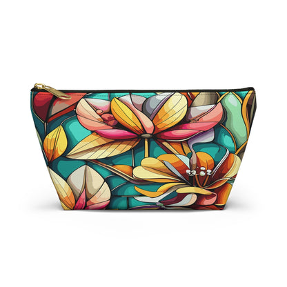 Stained Glass Flowers Accessory Pouch, Floral Makeup Bag, Cosmetic Case, Zipper Pouch, Travel Organizer - Victory Thru Vision 
