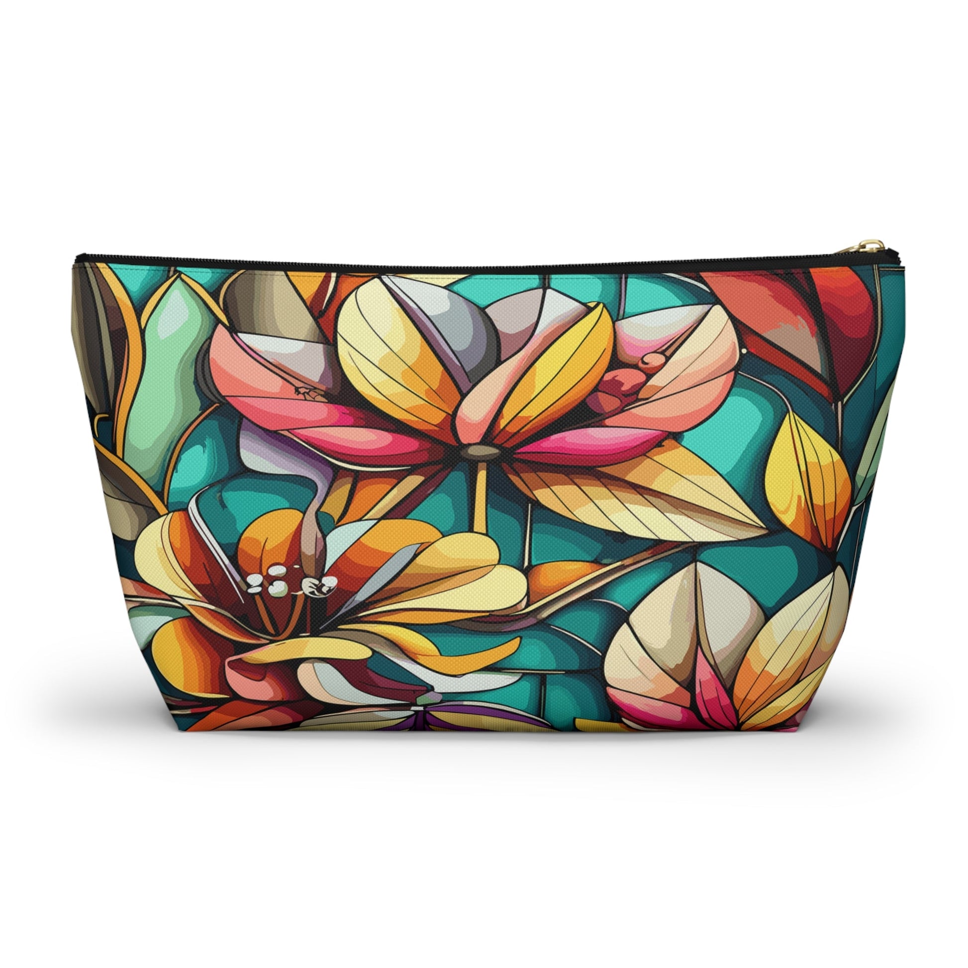 Stained Glass Flowers Accessory Pouch, Floral Makeup Bag, Cosmetic Case, Zipper Pouch, Travel Organizer - Victory Thru Vision 
