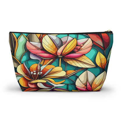 Stained Glass Flowers Accessory Pouch, Floral Makeup Bag, Cosmetic Case, Zipper Pouch, Travel Organizer - Victory Thru Vision 