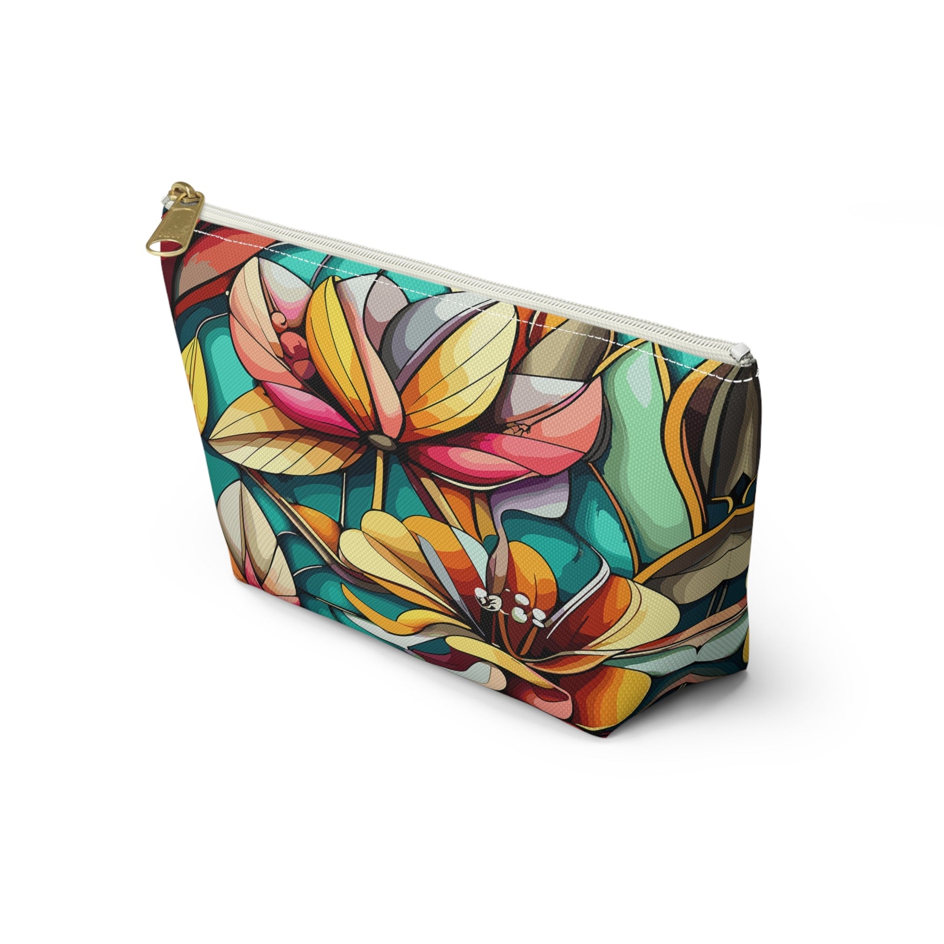 Stained Glass Flowers Accessory Pouch, Floral Makeup Bag, Cosmetic Case, Zipper Pouch, Travel Organizer - Victory Thru Vision 