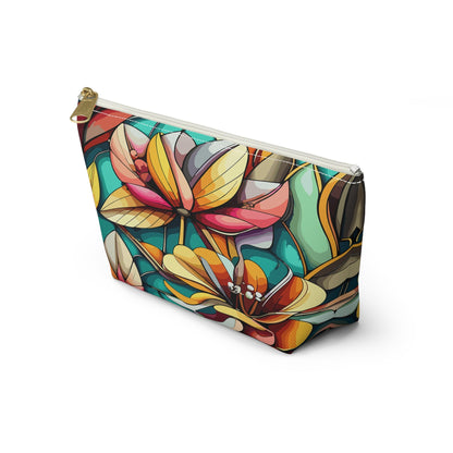 Stained Glass Flowers Accessory Pouch, Floral Makeup Bag, Cosmetic Case, Zipper Pouch, Travel Organizer - Victory Thru Vision 
