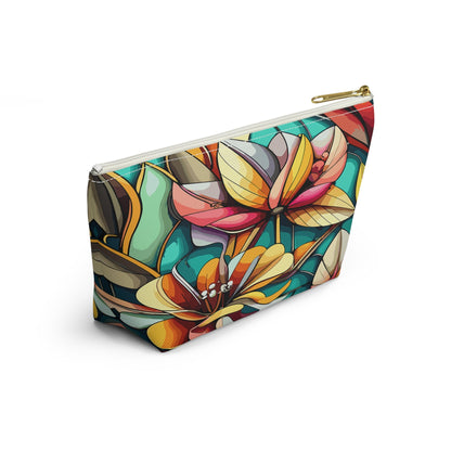 Stained Glass Flowers Accessory Pouch, Floral Makeup Bag, Cosmetic Case, Zipper Pouch, Travel Organizer - Victory Thru Vision 