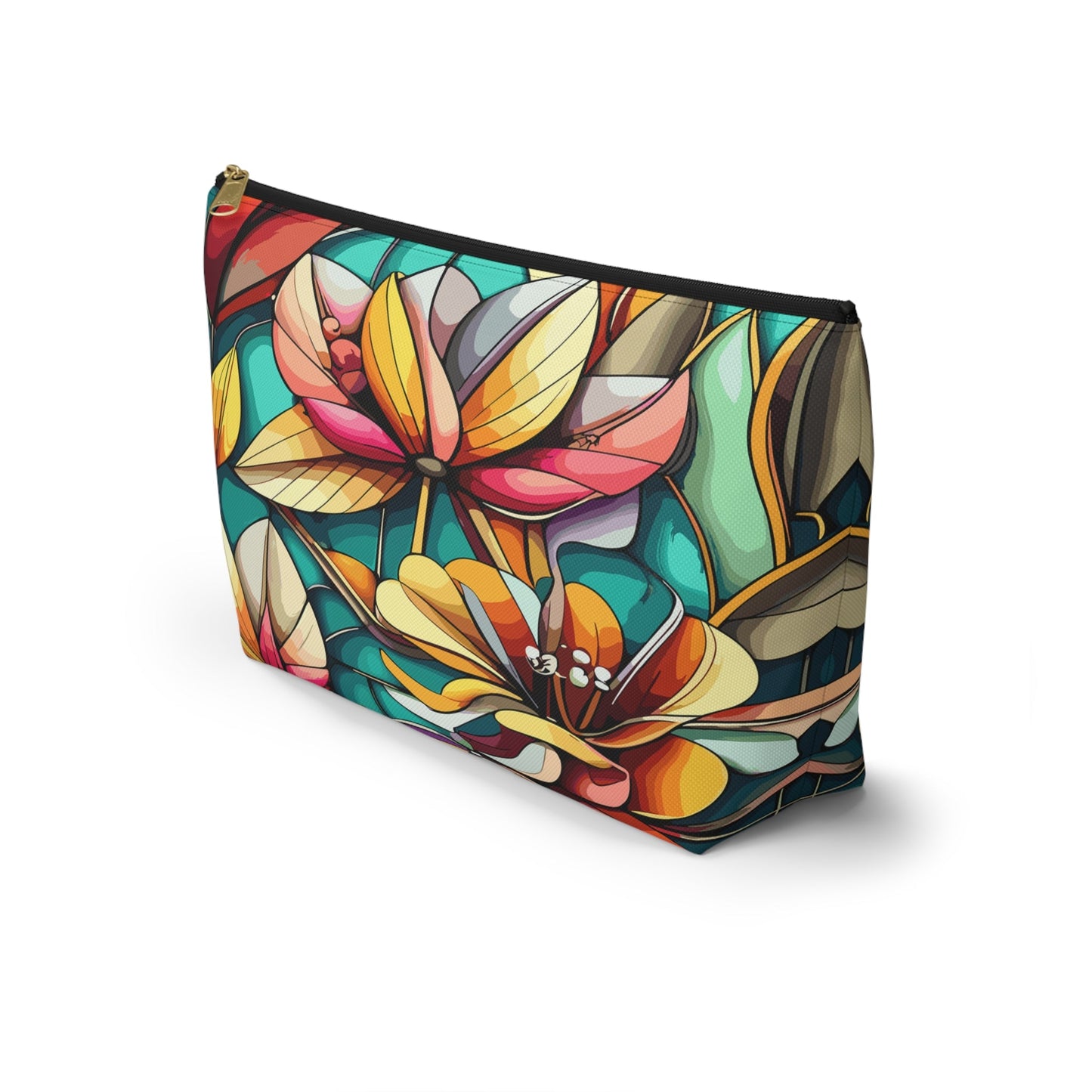 Stained Glass Flowers Accessory Pouch, Floral Makeup Bag, Cosmetic Case, Zipper Pouch, Travel Organizer - Victory Thru Vision 