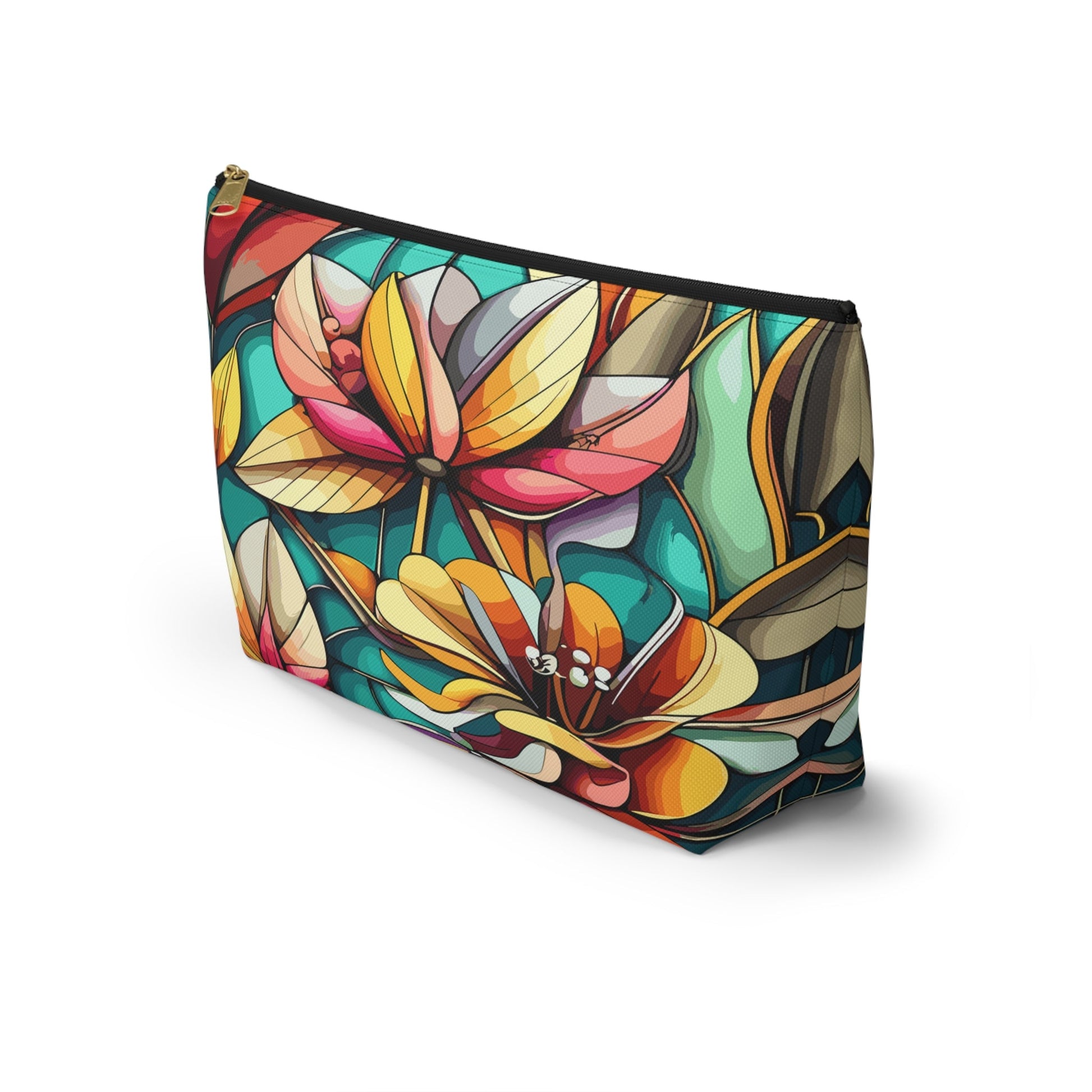 Stained Glass Flowers Accessory Pouch, Floral Makeup Bag, Cosmetic Case, Zipper Pouch, Travel Organizer - Victory Thru Vision 