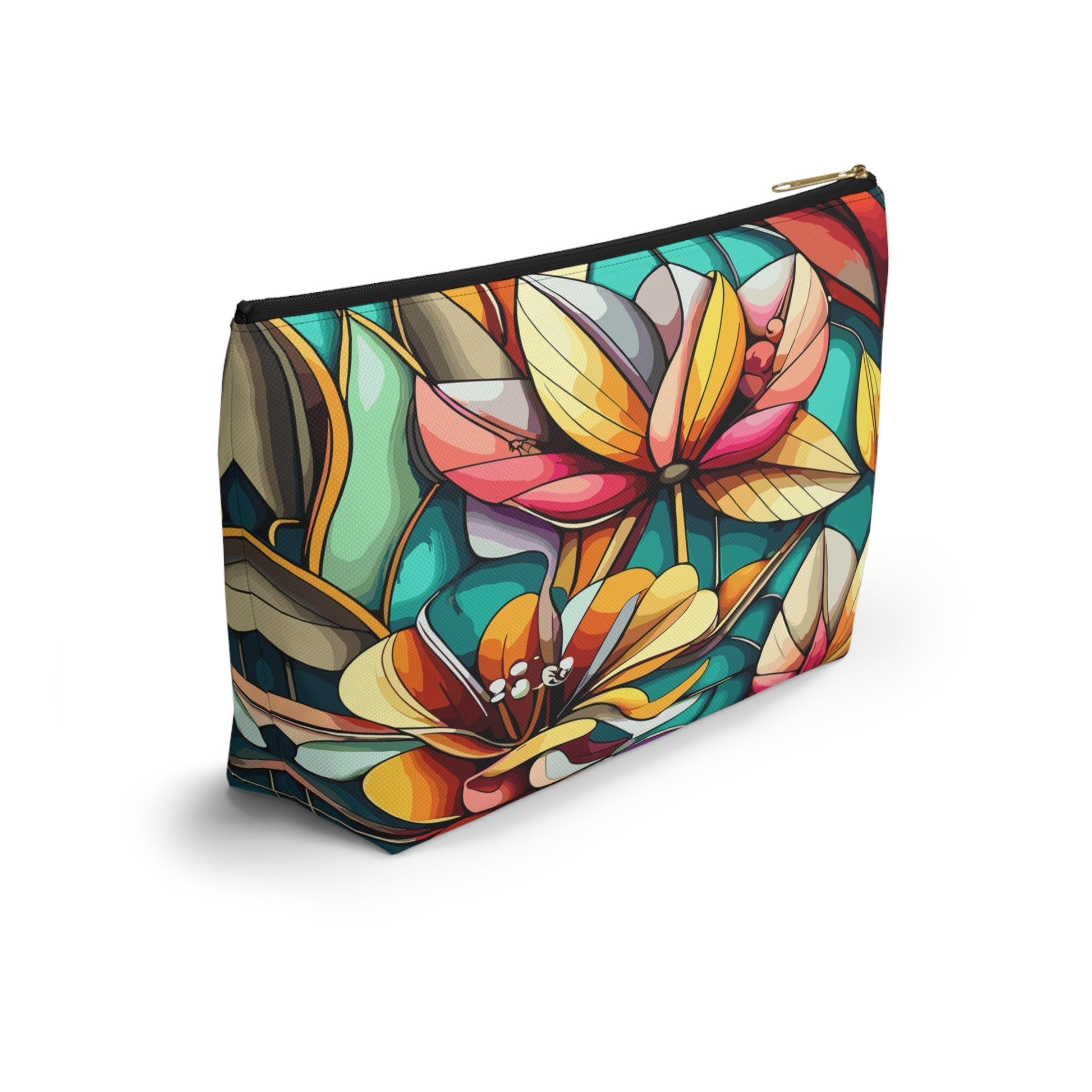 Stained Glass Flowers Accessory Pouch, Floral Makeup Bag, Cosmetic Case, Zipper Pouch, Travel Organizer - Victory Thru Vision 