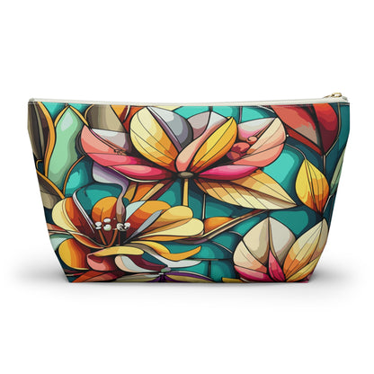 Stained Glass Flowers Accessory Pouch, Floral Makeup Bag, Cosmetic Case, Zipper Pouch, Travel Organizer - Victory Thru Vision 