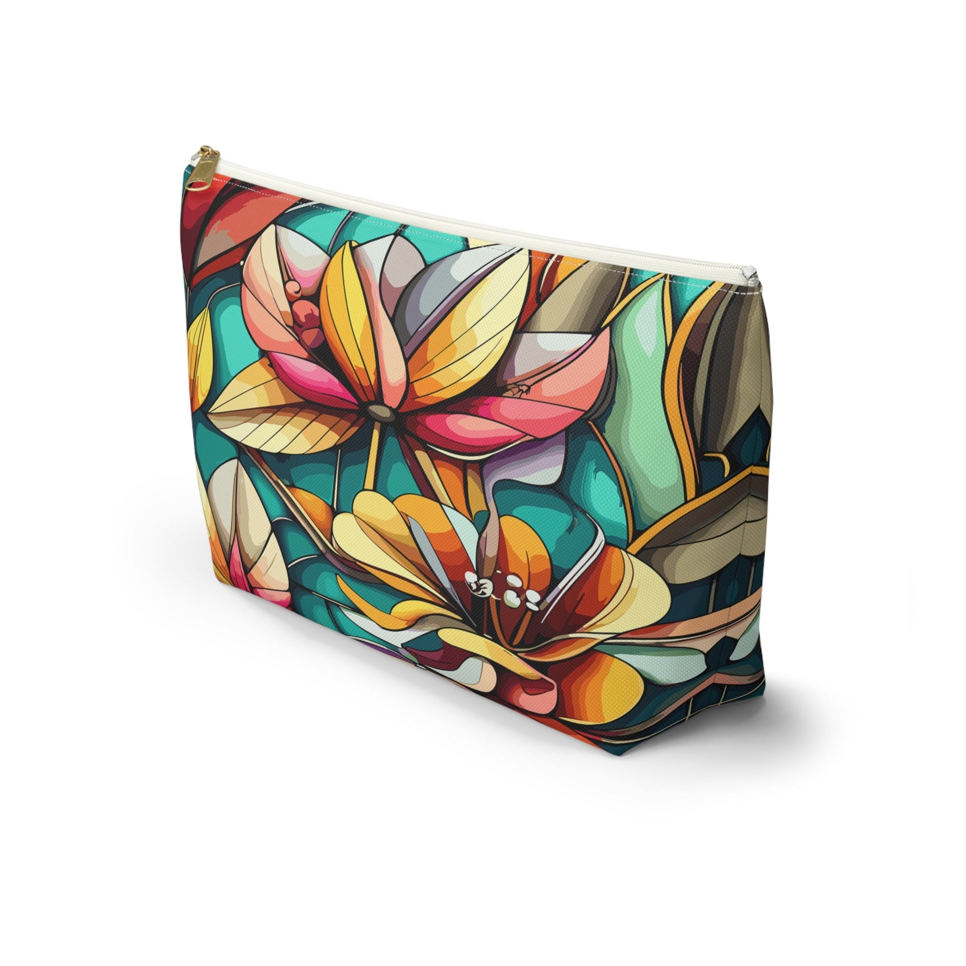 Stained Glass Flowers Accessory Pouch, Floral Makeup Bag, Cosmetic Case, Zipper Pouch, Travel Organizer - Victory Thru Vision 