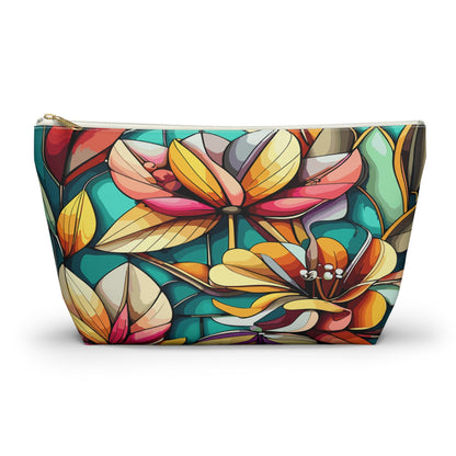Stained Glass Flowers Accessory Pouch, Floral Makeup Bag, Cosmetic Case, Zipper Pouch, Travel Organizer - Victory Thru Vision 