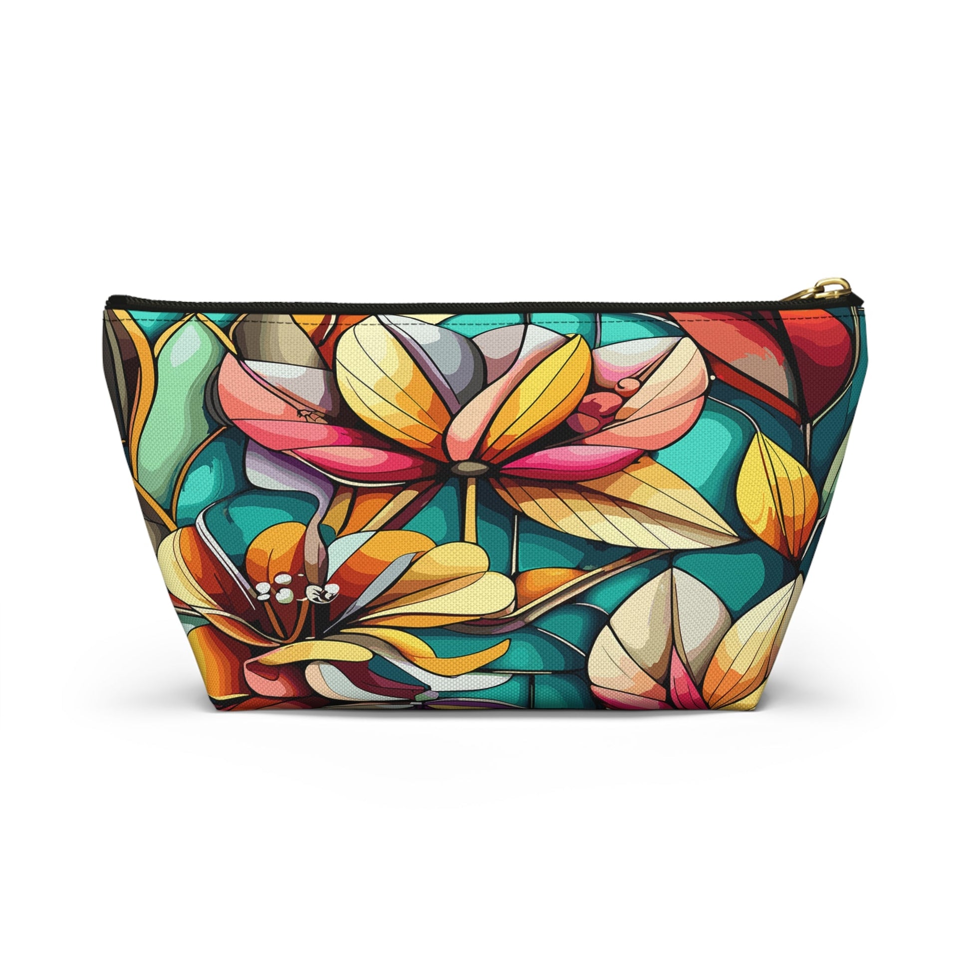 Stained Glass Flowers Accessory Pouch, Floral Makeup Bag, Cosmetic Case, Zipper Pouch, Travel Organizer - Victory Thru Vision 