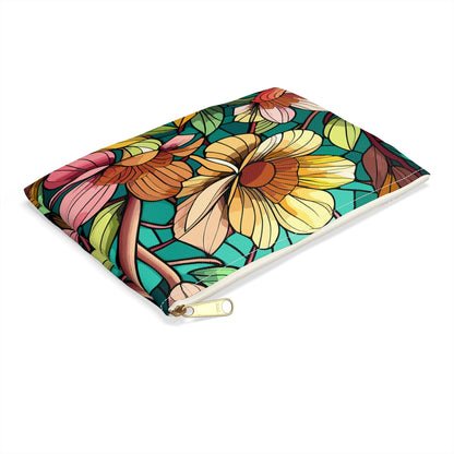 Stained Glass Flowers Accessory Pouch, Floral Makeup Bag, Zippered Pouch, Cosmetic Case, Travel Bag, Floral Accessory Pouch - Victory Thru Vision 