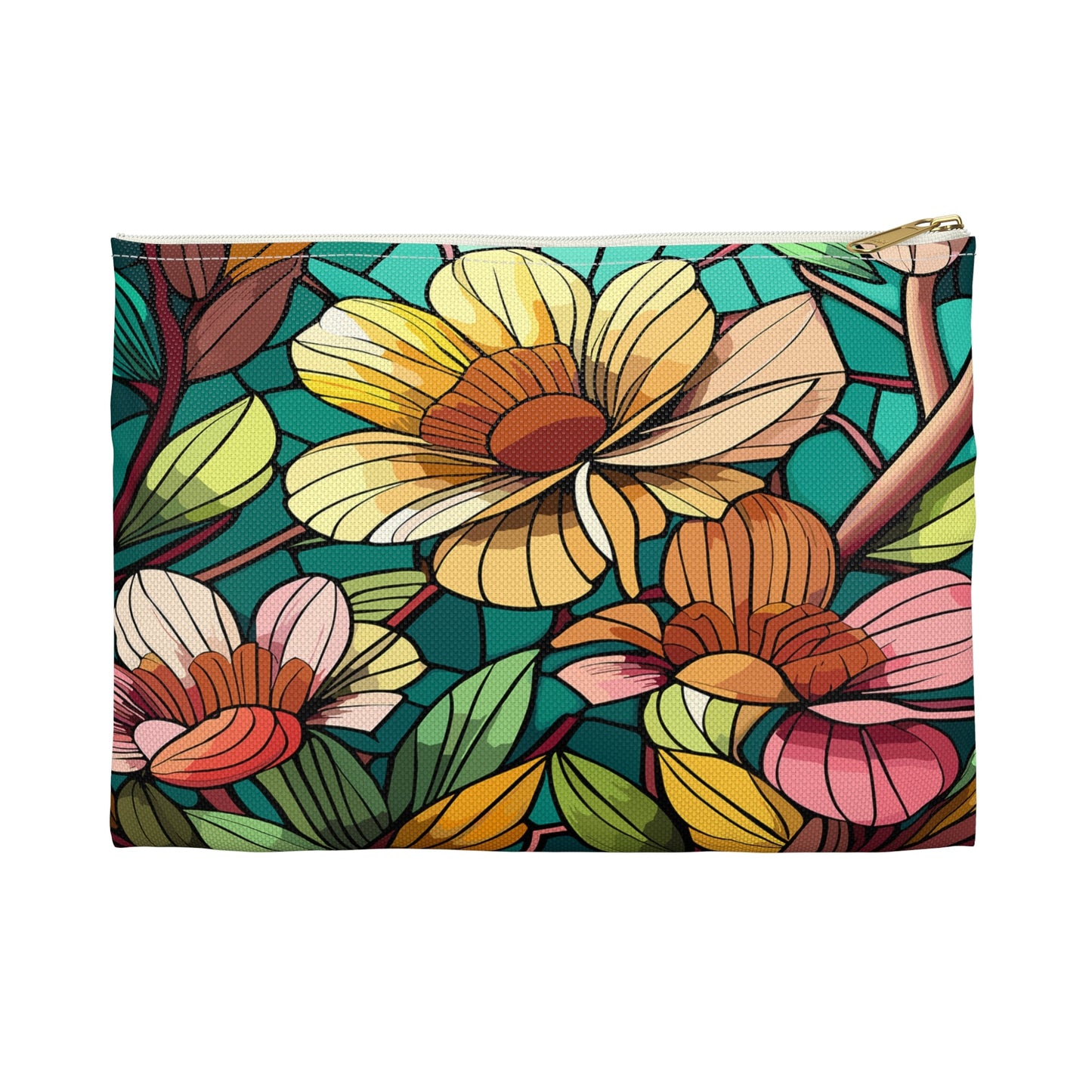 Stained Glass Flowers Accessory Pouch, Floral Makeup Bag, Zippered Pouch, Cosmetic Case, Travel Bag, Floral Accessory Pouch - Victory Thru Vision 