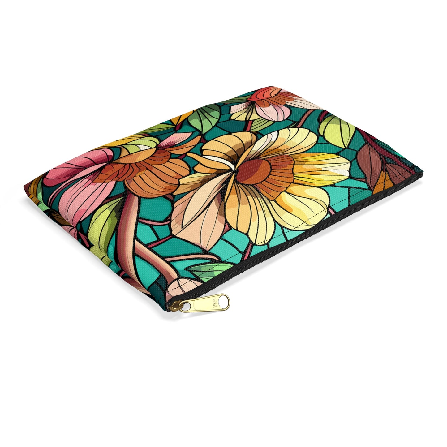 Stained Glass Flowers Accessory Pouch, Floral Makeup Bag, Zippered Pouch, Cosmetic Case, Travel Bag, Floral Accessory Pouch - Victory Thru Vision 