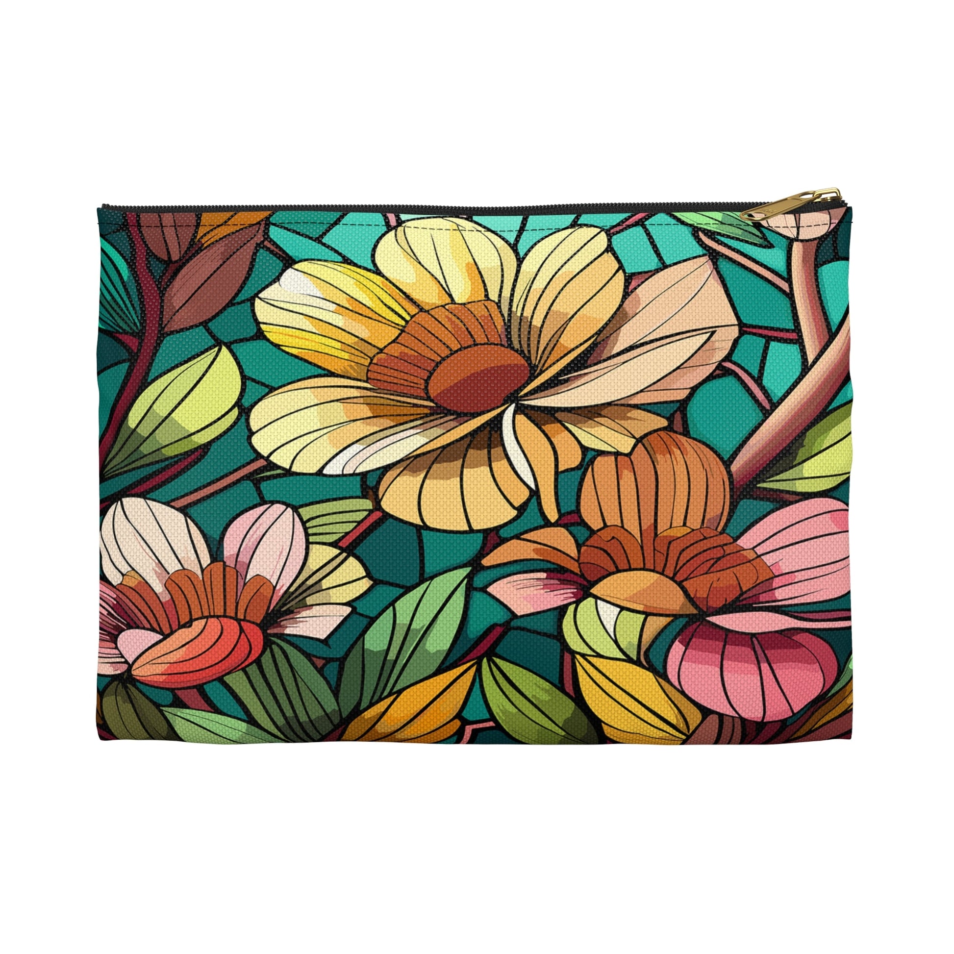 Stained Glass Flowers Accessory Pouch, Floral Makeup Bag, Zippered Pouch, Cosmetic Case, Travel Bag, Floral Accessory Pouch - Victory Thru Vision 