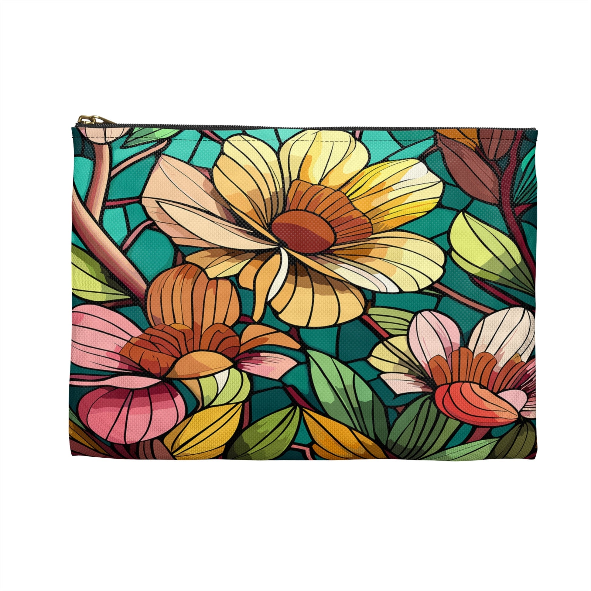 Stained Glass Flowers Accessory Pouch, Floral Makeup Bag, Zippered Pouch, Cosmetic Case, Travel Bag, Floral Accessory Pouch - Victory Thru Vision 