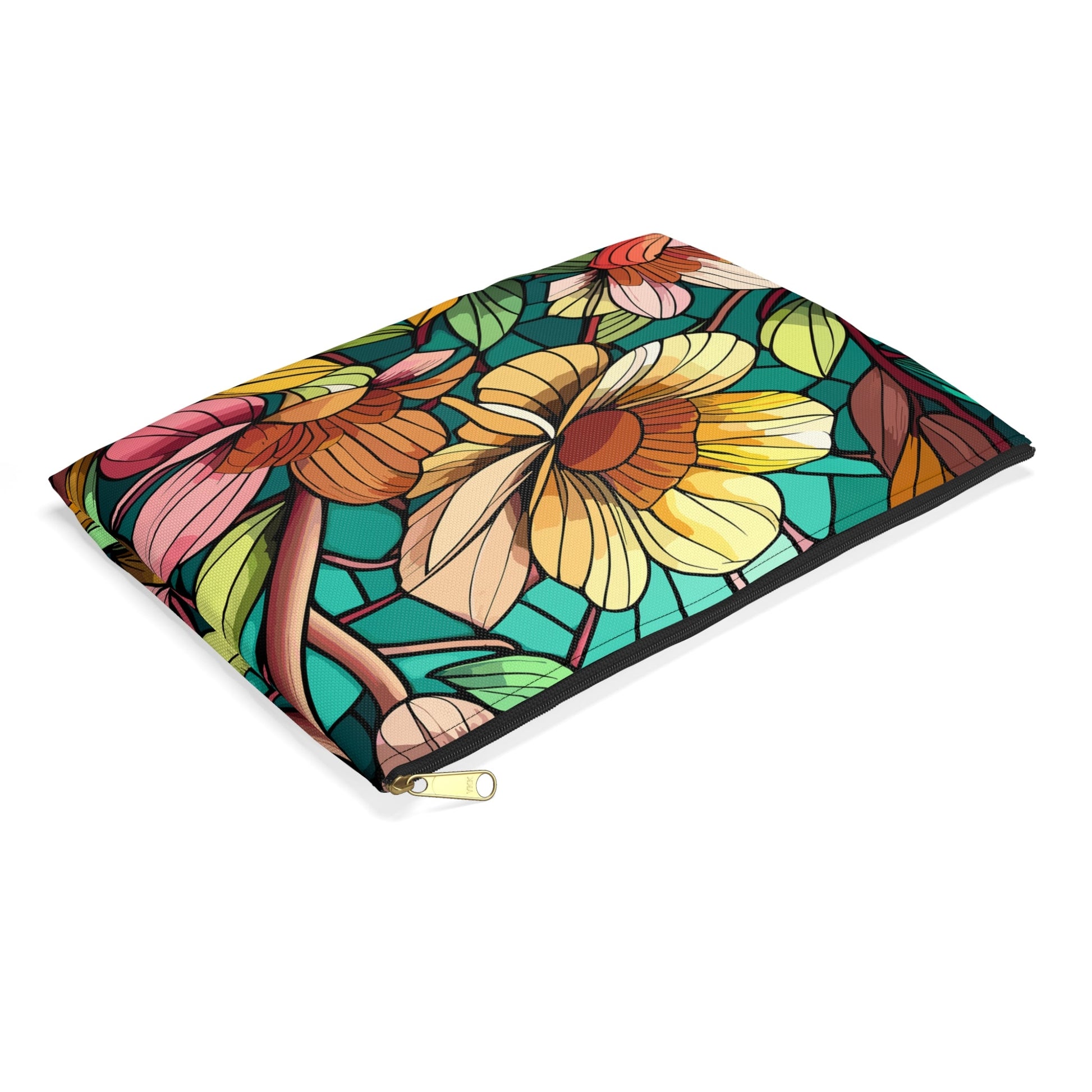 Stained Glass Flowers Accessory Pouch, Floral Makeup Bag, Zippered Pouch, Cosmetic Case, Travel Bag, Floral Accessory Pouch - Victory Thru Vision 