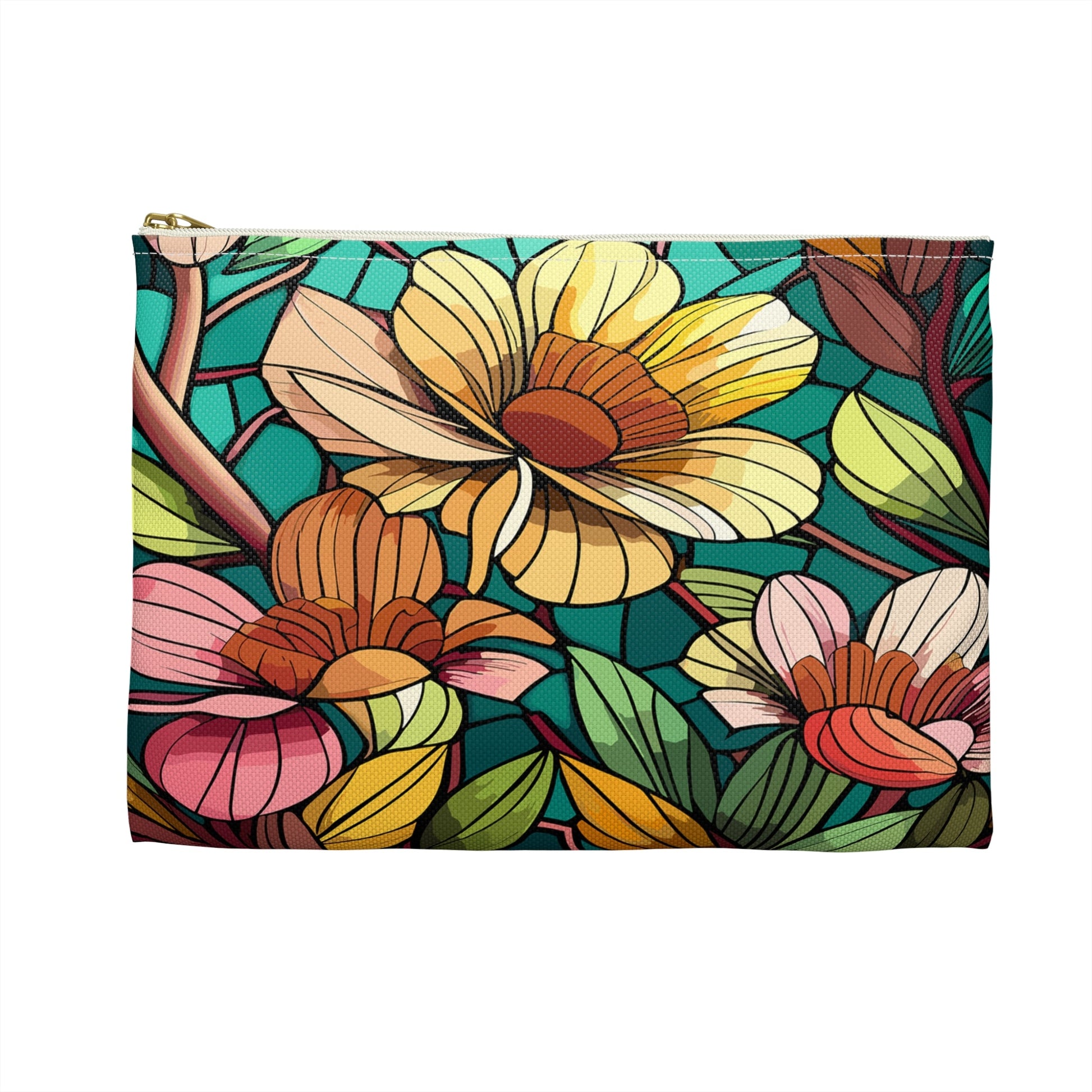 Stained Glass Flowers Accessory Pouch, Floral Makeup Bag, Zippered Pouch, Cosmetic Case, Travel Bag, Floral Accessory Pouch - Victory Thru Vision 