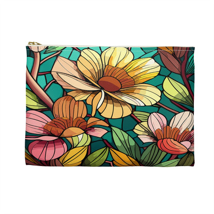 Stained Glass Flowers Accessory Pouch, Floral Makeup Bag, Zippered Pouch, Cosmetic Case, Travel Bag, Floral Accessory Pouch - Victory Thru Vision 