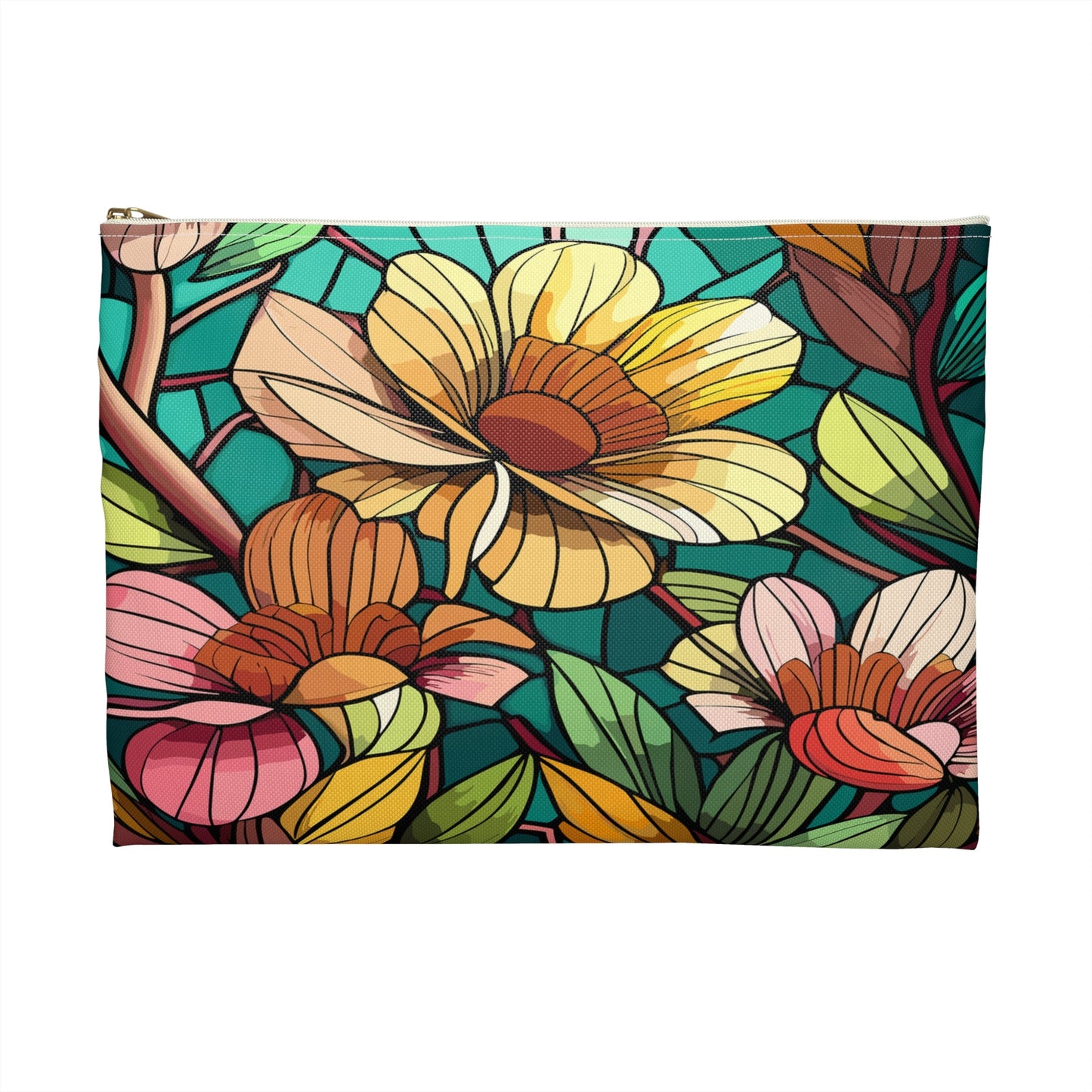 Stained Glass Flowers Accessory Pouch, Floral Makeup Bag, Zippered Pouch, Cosmetic Case, Travel Bag, Floral Accessory Pouch - Victory Thru Vision 