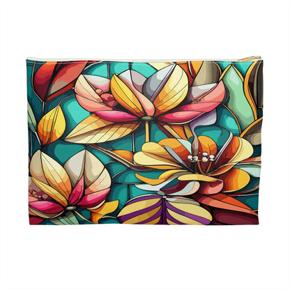 Stained Glass Flowers Accessory Pouch, Floral Pouch, Zippered Pouch, Cosmetic Bag, Makeup Bag, Toiletry Bag - Victory Thru Vision 