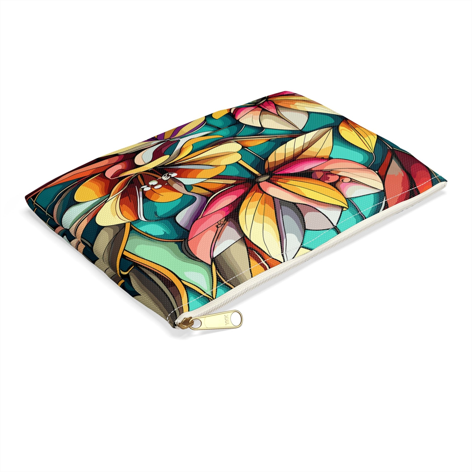 Stained Glass Flowers Accessory Pouch, Floral Pouch, Zippered Pouch, Cosmetic Bag, Makeup Bag, Toiletry Bag - Victory Thru Vision 