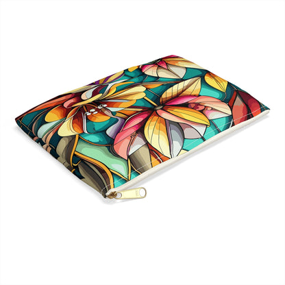 Stained Glass Flowers Accessory Pouch, Floral Pouch, Zippered Pouch, Cosmetic Bag, Makeup Bag, Toiletry Bag - Victory Thru Vision 