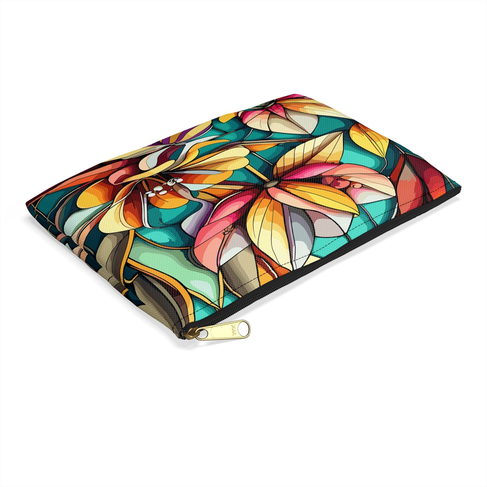 Stained Glass Flowers Accessory Pouch, Floral Pouch, Zippered Pouch, Cosmetic Bag, Makeup Bag, Toiletry Bag - Victory Thru Vision 