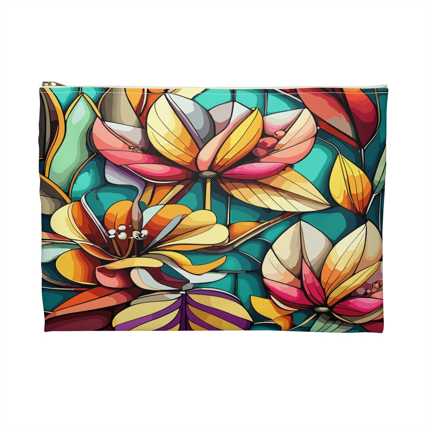 Stained Glass Flowers Accessory Pouch, Floral Pouch, Zippered Pouch, Cosmetic Bag, Makeup Bag, Toiletry Bag - Victory Thru Vision 